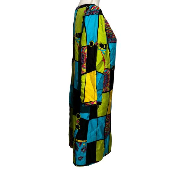 Muse Sz 12 Dress 100% Silk Geometic Blue Black‎ 3/4 Sleeve Green Flare Lined - Picture 5 of 5